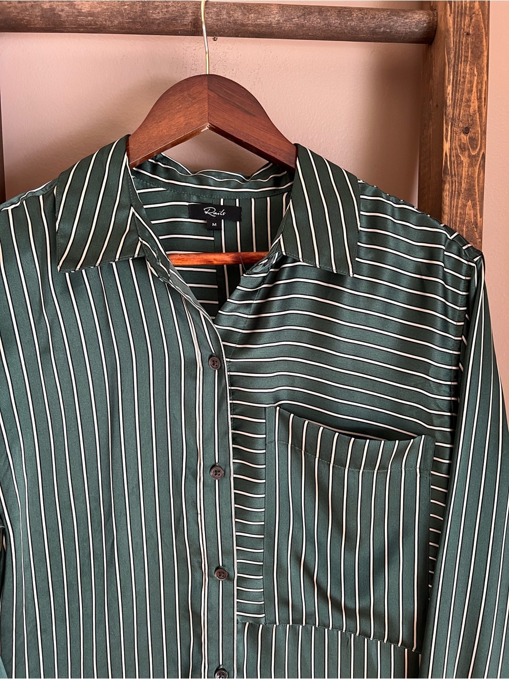 Rails Silk Forest Green Striped Button-Up Blouse - Picture 6 of 8